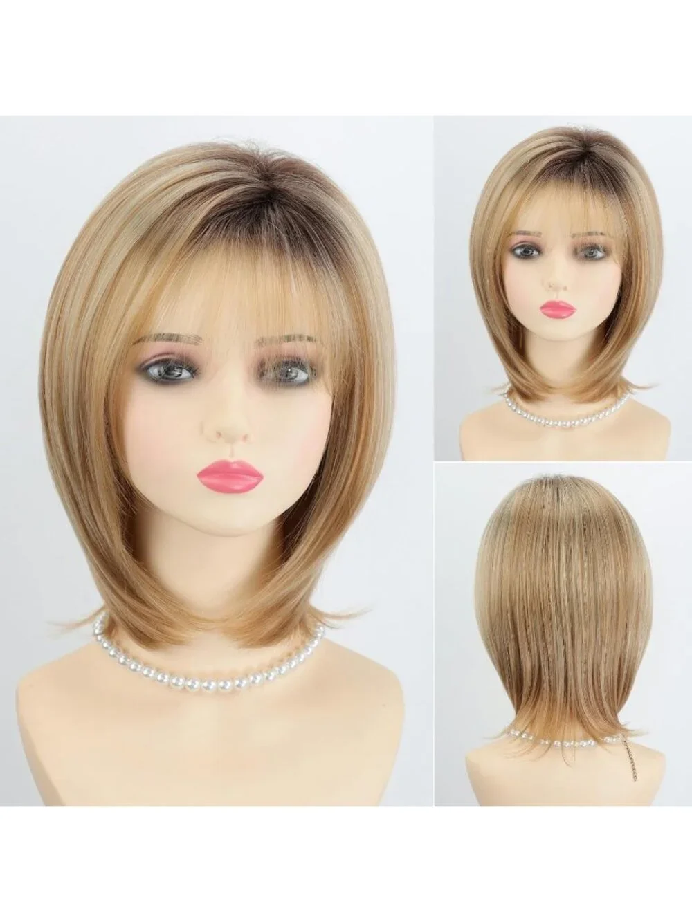 Women's Blonde Highlight 12 Inch Mid Length  Synthetic Straight Layered Bob Wigs